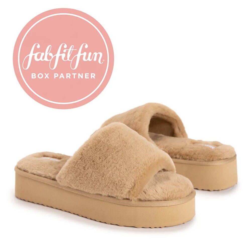 The Muk Luks Beige Women's Slippers are cozy platform sandals perfect for the wi